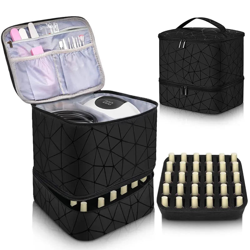 30 Bottles Nail Polish Storage Bag Portable Cosmetic Large Handbag Organizer with Handle for Travel 2 Layer Essential Oil Bag